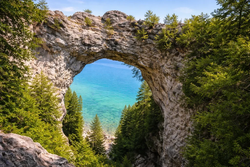 Top 5 places to visit in Mackinac Island – Arch Rock limestone arch overlooking Lake Huron