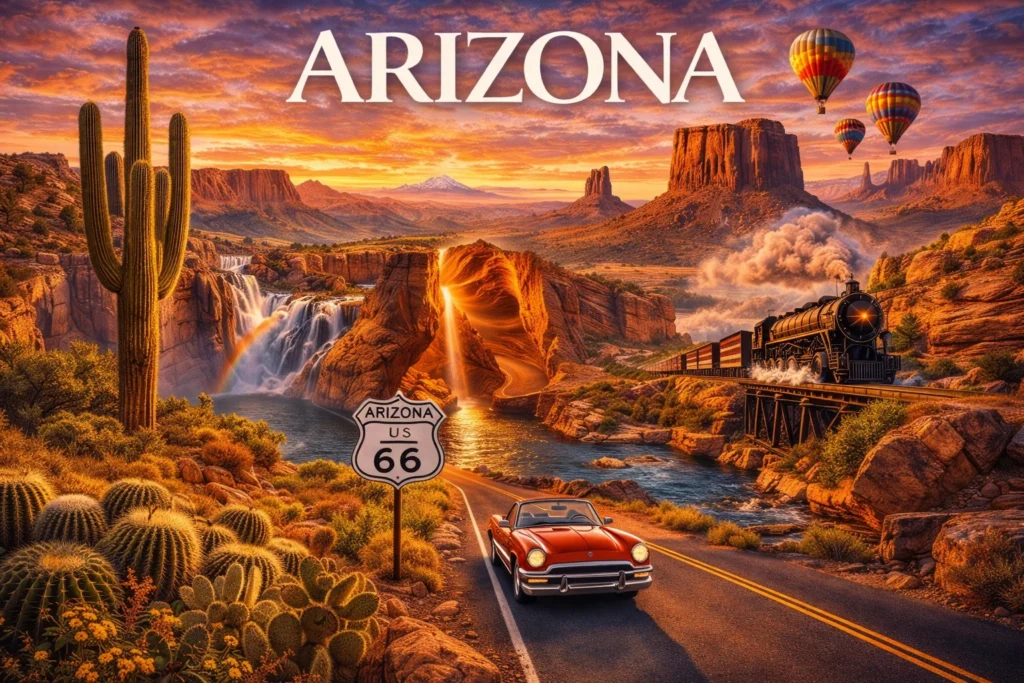 Arizona travel guide image featuring the Grand Canyon, Monument Valley, Horseshoe Bend, saguaro cactus desert, Route 66, hot air balloons, and dramatic red rock scenery at sunset.