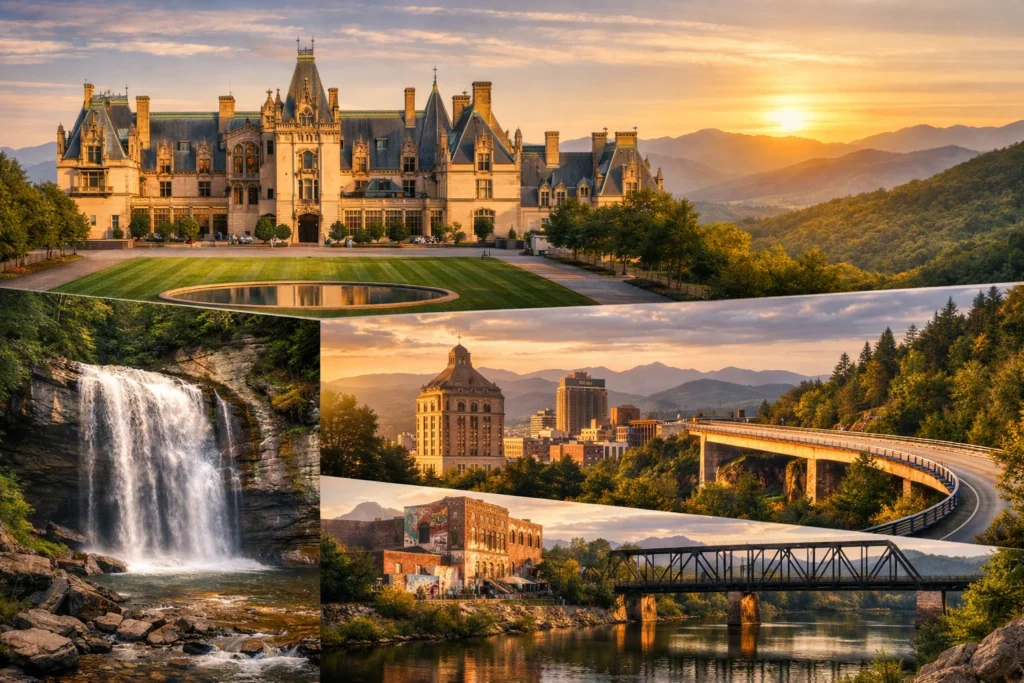 Scenic Asheville travel collage featuring the Biltmore Estate, Blue Ridge Mountains, downtown Asheville skyline, waterfalls, and iconic mountain roads at golden hour.
