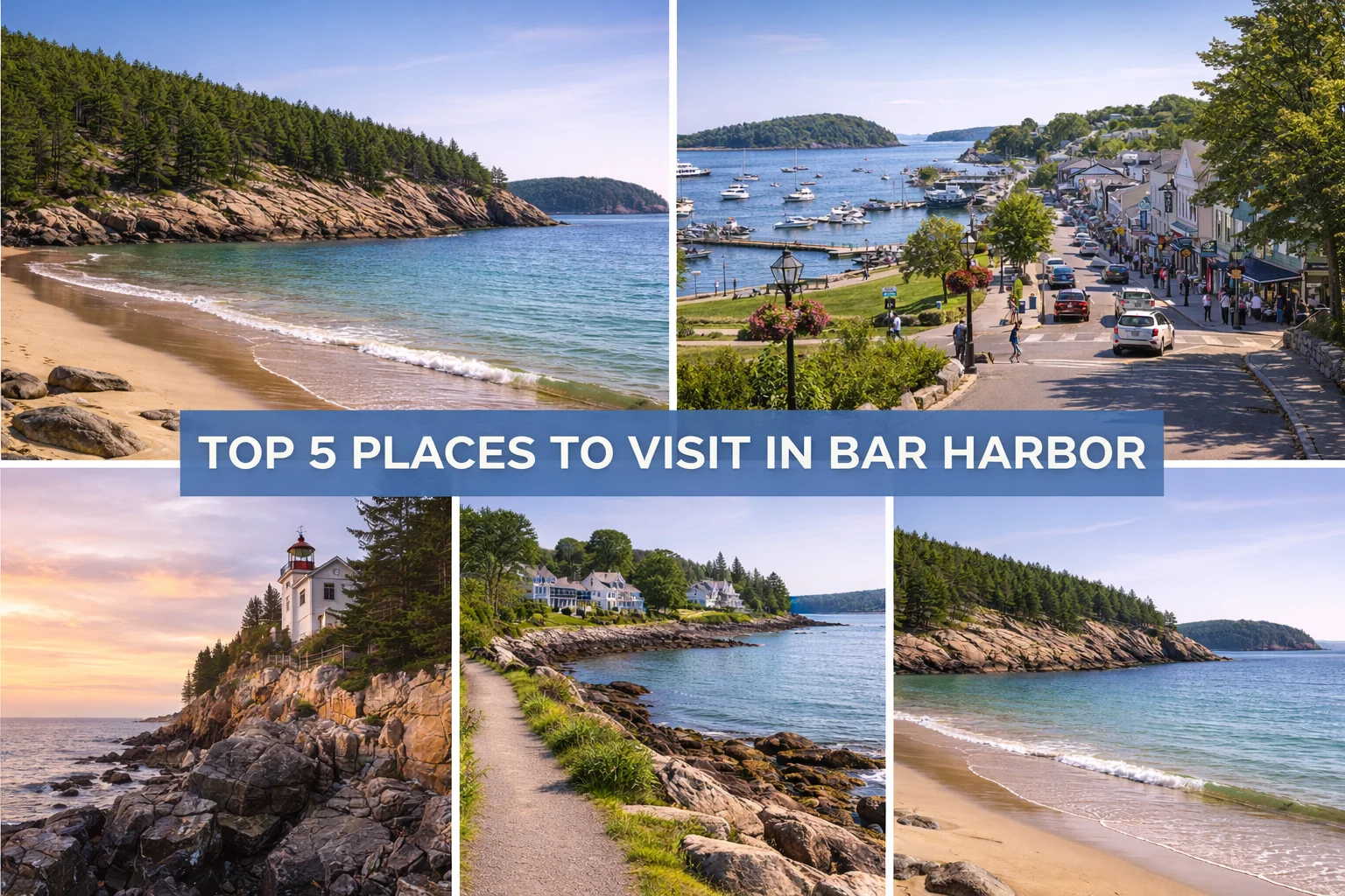 Top 5 places to visit in Bar Harbor featuring Acadia National Park, Cadillac Mountain, Shore Path, downtown harbor, and Sand Beach