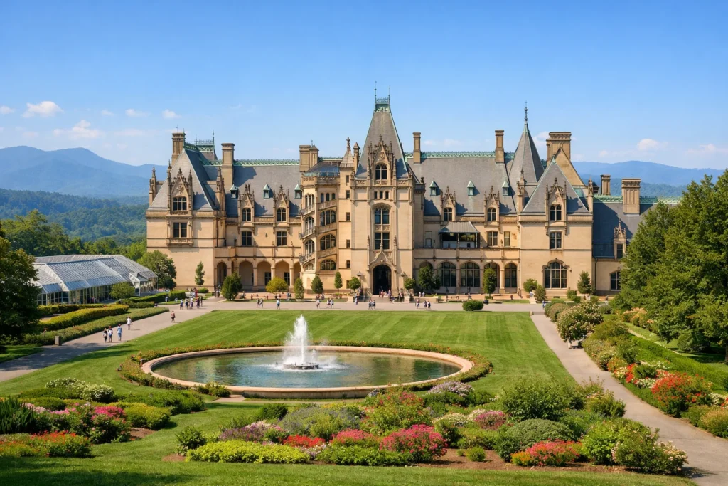 Top 5 places to visit in Asheville featuring the Biltmore Estate surrounded by gardens and Blue Ridge Mountains