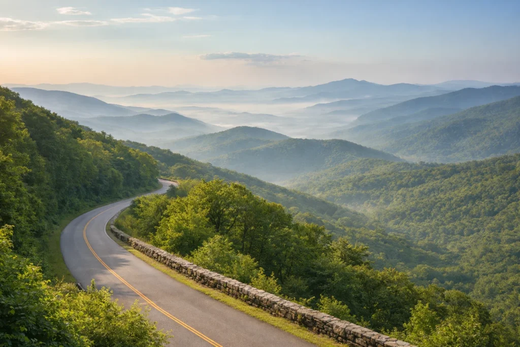 Top 5 places to visit in Asheville showing a scenic Blue Ridge Parkway overlook with mountain views