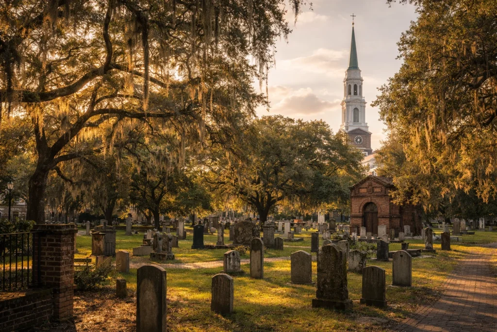 Bonaventure Cemetery in Savannah surrounded by oak trees and Spanish moss