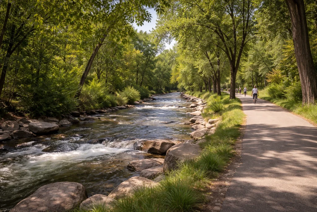 Boulder Creek Path with flowing creek and tree-lined walking trail