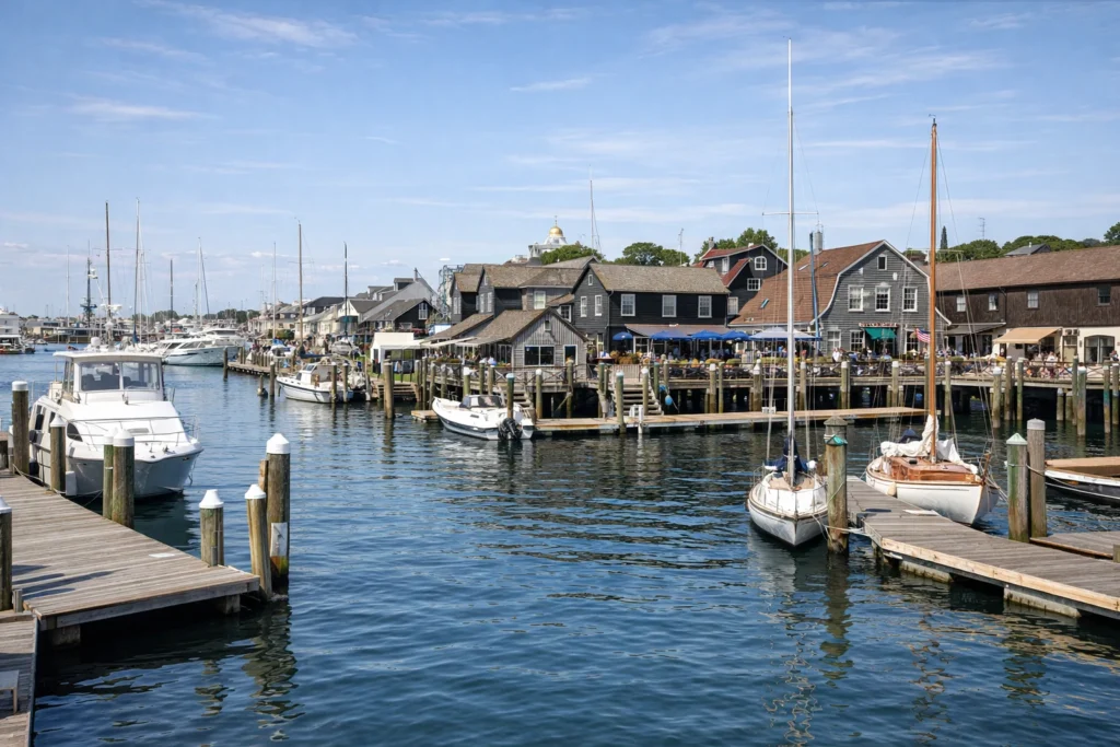 Bowen’s Wharf waterfront marina with boats in downtown Newport Rhode Island