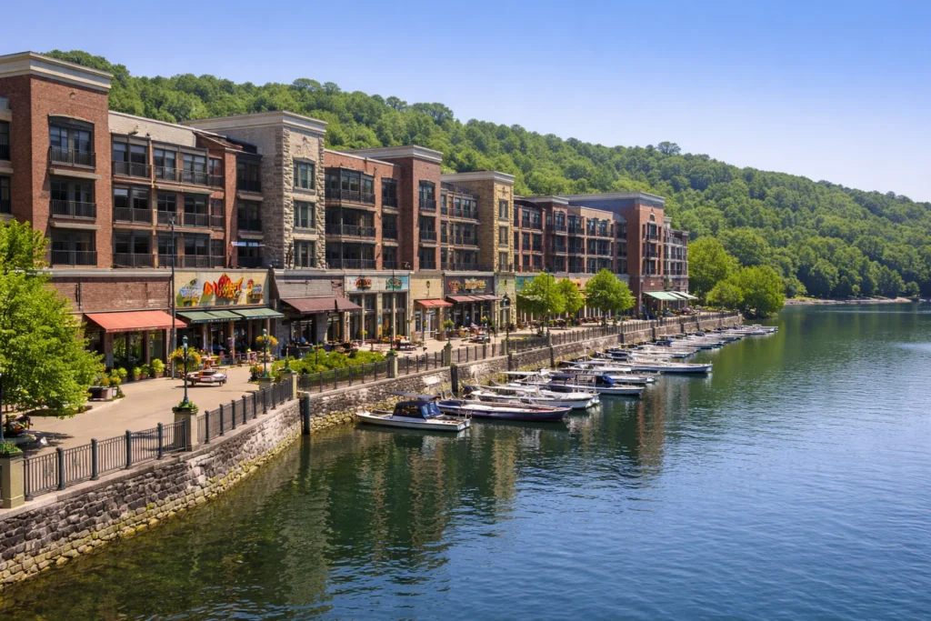 Branson Landing in Missouri featuring waterfront boardwalk shops and Lake Taneycomo