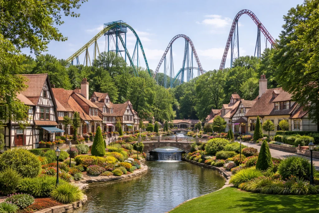 Busch Gardens Williamsburg European village with roller coasters in Virginia