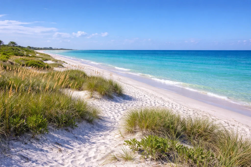 Caladesi Island State Park in Florida with untouched white sand beach clear water and natural dunes