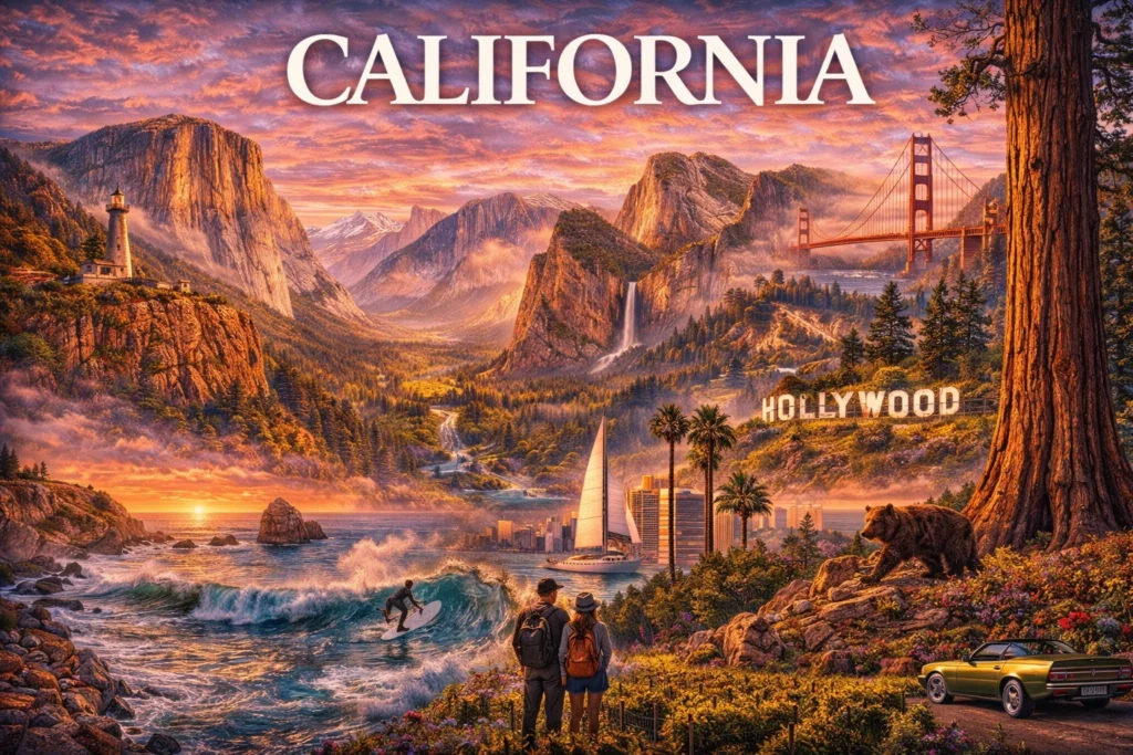 California travel guide image featuring Yosemite National Park, Big Sur coastline, Golden Gate Bridge, Hollywood sign, Pacific Ocean waves, redwood forests, surfers, and scenic road trip views at sunset.