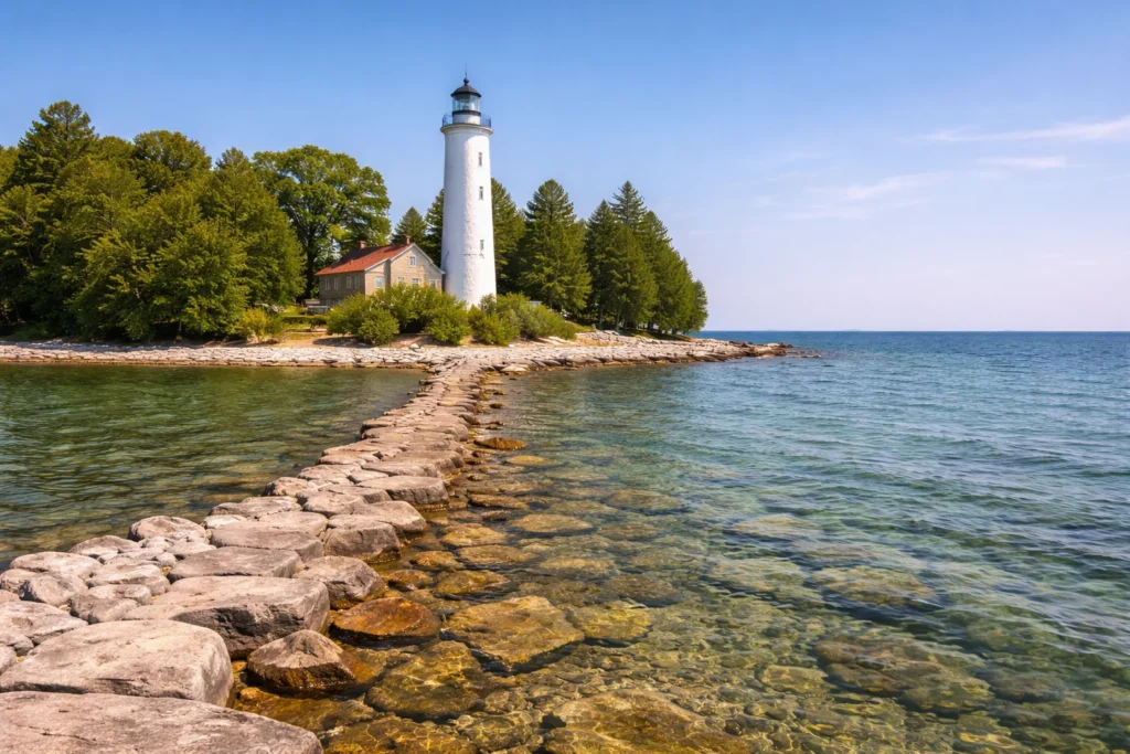 Top 5 places to visit in Door County – Cana Island Lighthouse viewed from the stone causeway