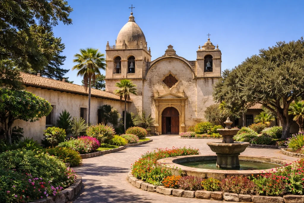 Carmel Mission Basilica with historic Spanish architecture and landscaped gardens