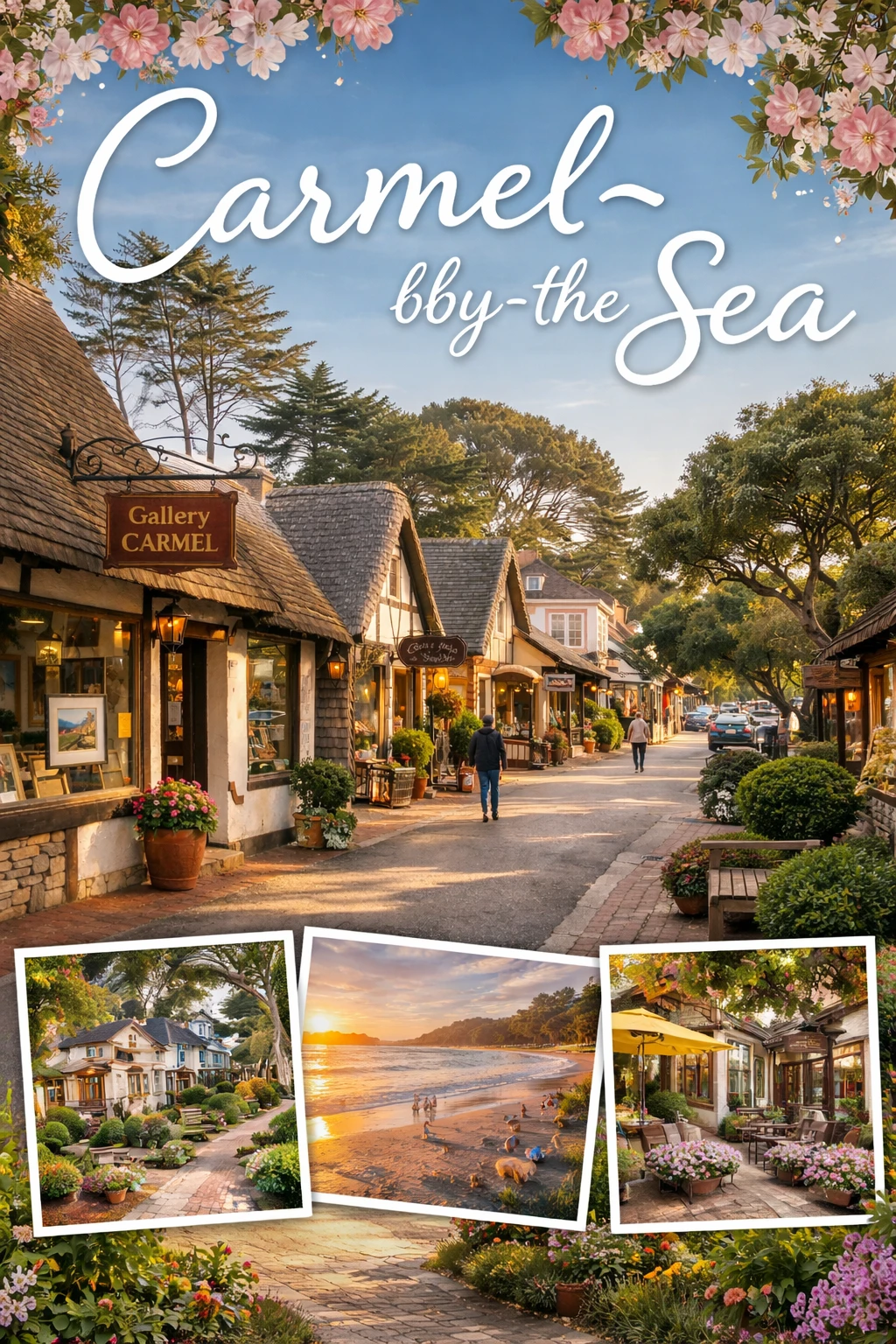 Charming downtown Carmel-by-the-Sea with storybook cottages, art galleries, lush gardens, and a sunset beach along the California coast