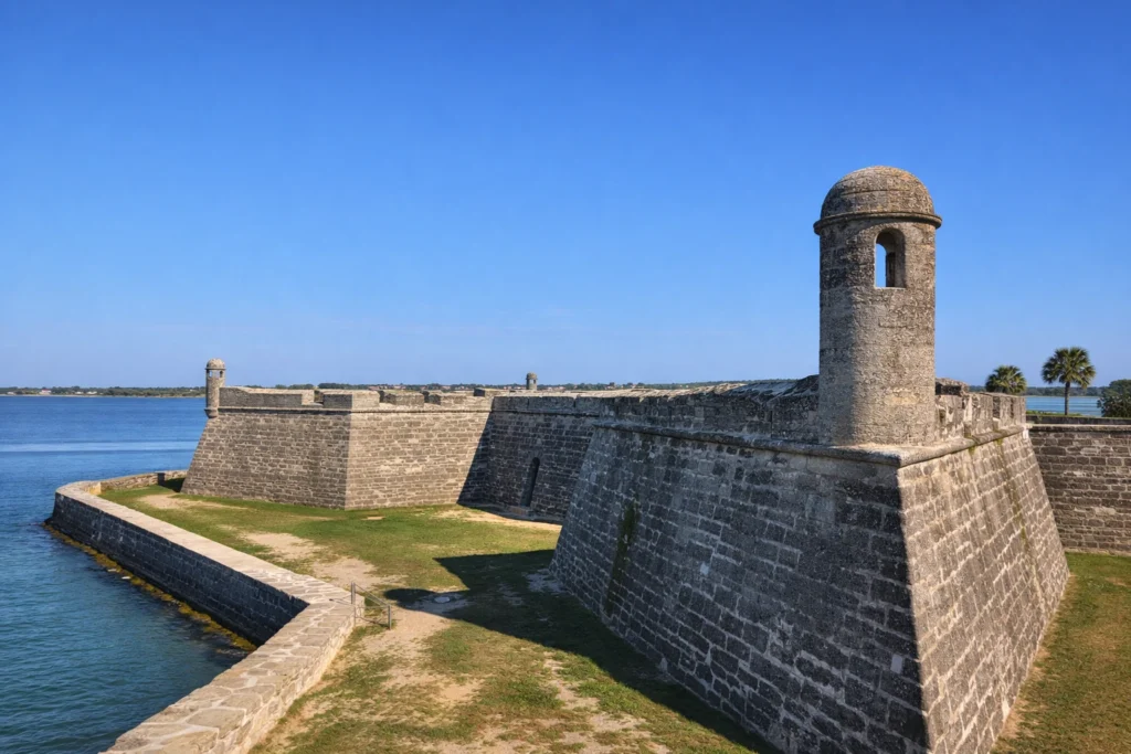 Top​‍​‌‍​‍‌ 5 places to visit in St. Augustine Castillo de San Marcos in St. Augustine Florida showing historic coquina stone fort walls and watchtowers