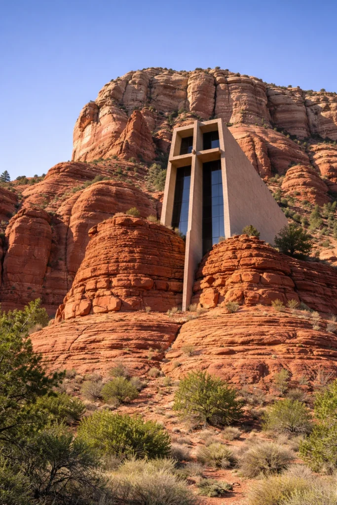 Chapel of the Holy Cross built into red rock cliffs in Sedona