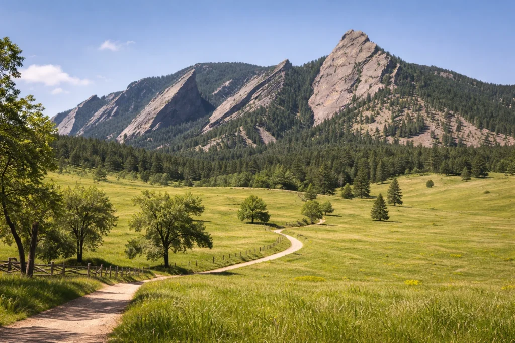 Chautauqua Park in Boulder with open meadows and the Flatirons in the background