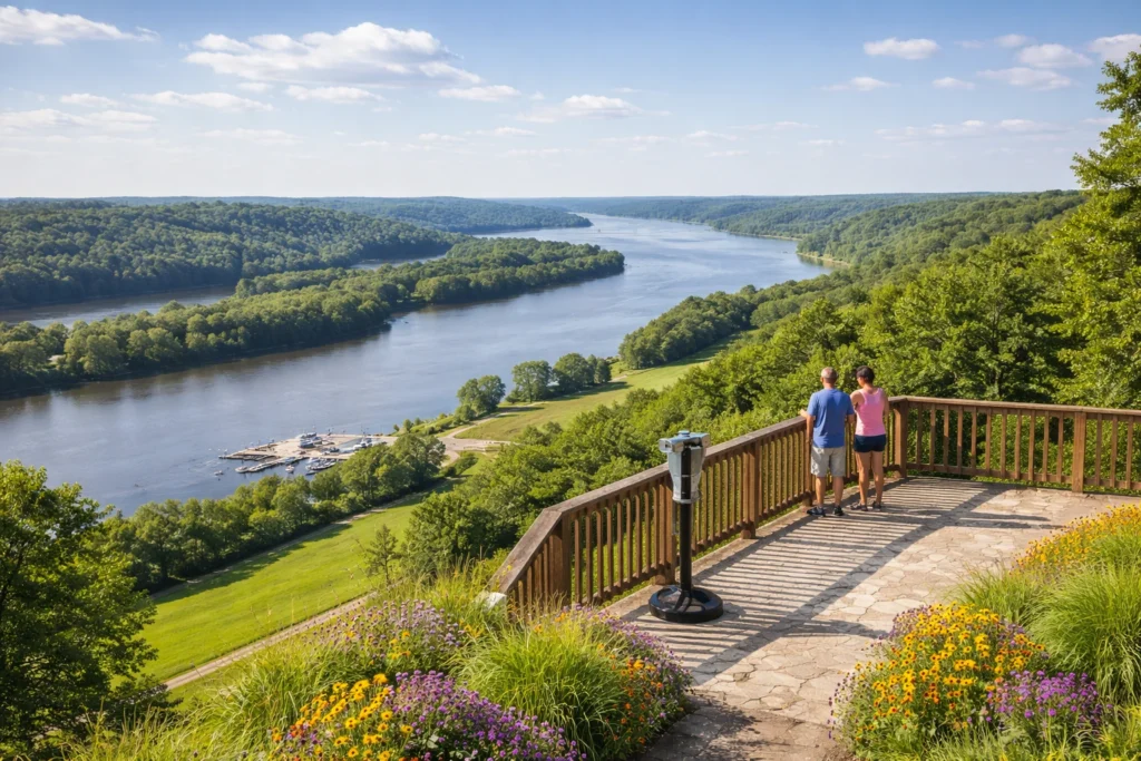 Chestnut Mountain Resort overlook near Galena Illinois with panoramic Mississippi River and bluffs