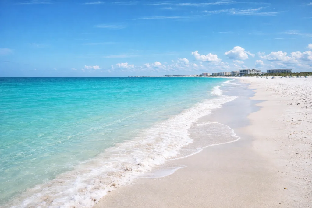 Clearwater Beach in Florida with soft white sand and clear turquoise Gulf of Mexico water Top 5 places to visit in Clearwater