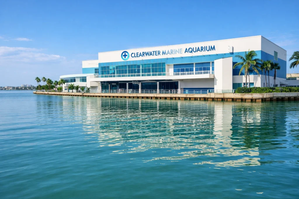 Clearwater Marine Aquarium in Florida located along the Intracoastal Waterway with modern waterfront building