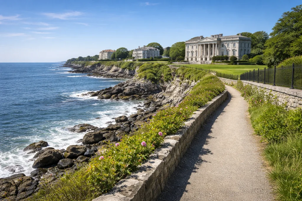 Cliff Walk in Newport Rhode Island with ocean waves and historic mansions