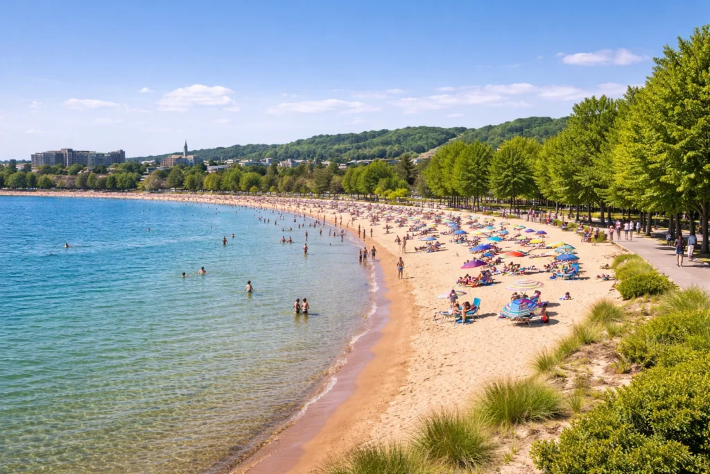 Clinch Park Beach in Traverse City Michigan with sandy shoreline and clear Grand Traverse Bay water
