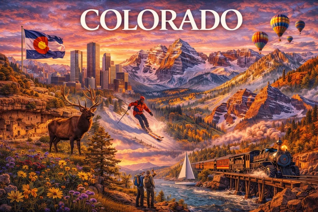 Colorado travel guide image featuring Rocky Mountains, Maroon Bells, Denver skyline, Mesa Verde cliff dwellings, alpine lakes, elk wildlife, skiing, and scenic mountain landscapes at sunset.