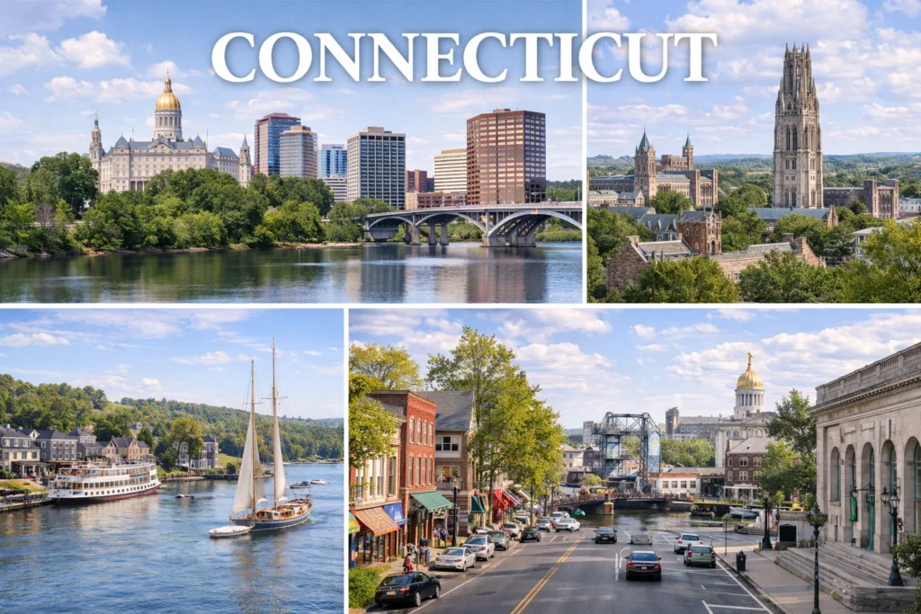 Realistic Connecticut travel guide image showing Hartford skyline and State Capitol, Yale University campus in New Haven, Mystic Seaport harbor with boats, and downtown streets under natural daylight.