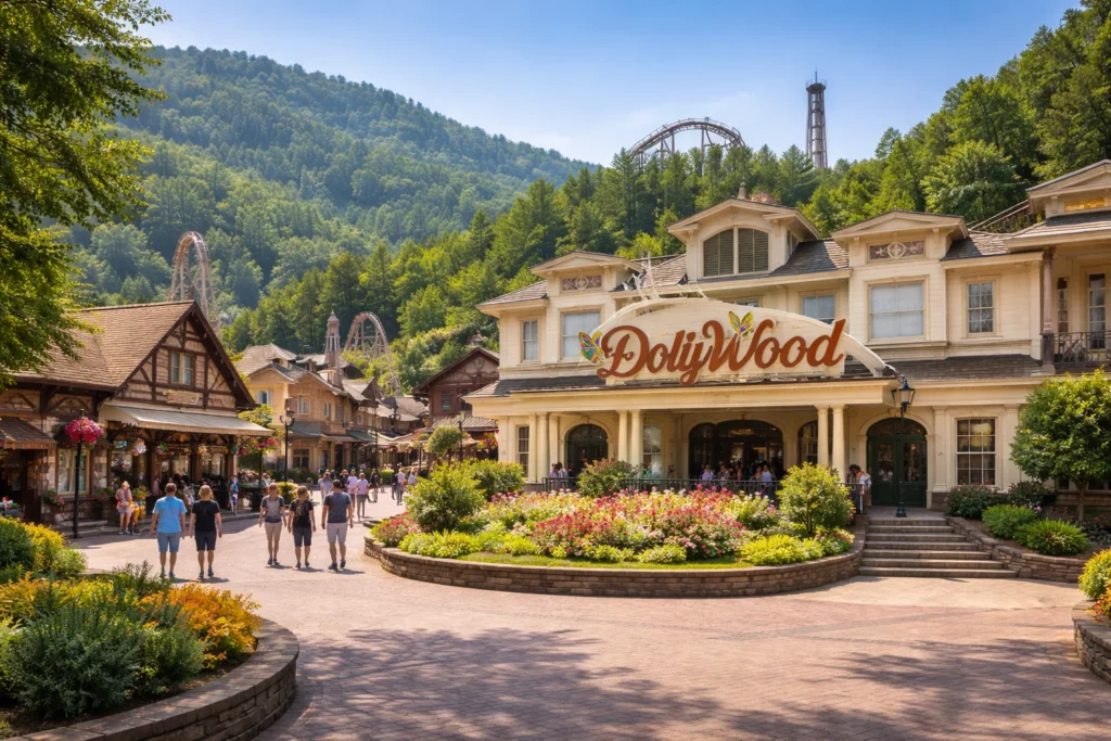 Top 5 places to visit in Pigeon Forge – Dollywood theme park entrance with Appalachian-style buildings