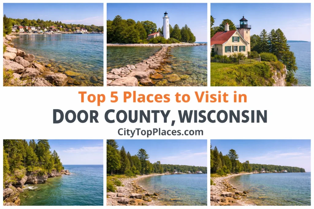 Top 5 places to visit in Door County featuring Peninsula State Park, Fish Creek, Cana Island Lighthouse, Eagle Bluff Lighthouse, and Washington Island