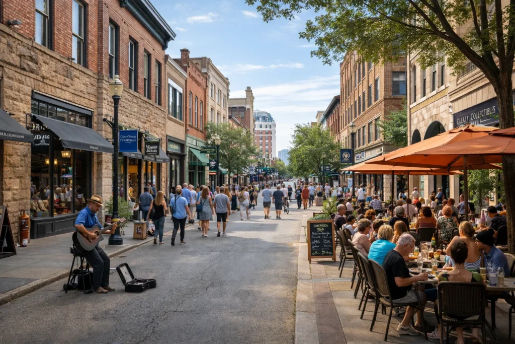 Top 5 places to visit in Asheville showing a lively street scene in downtown Asheville