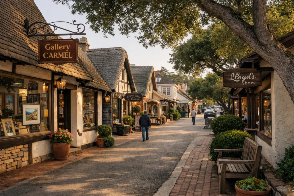 : Downtown Carmel-by-the-Sea with storybook cottages and boutique shops