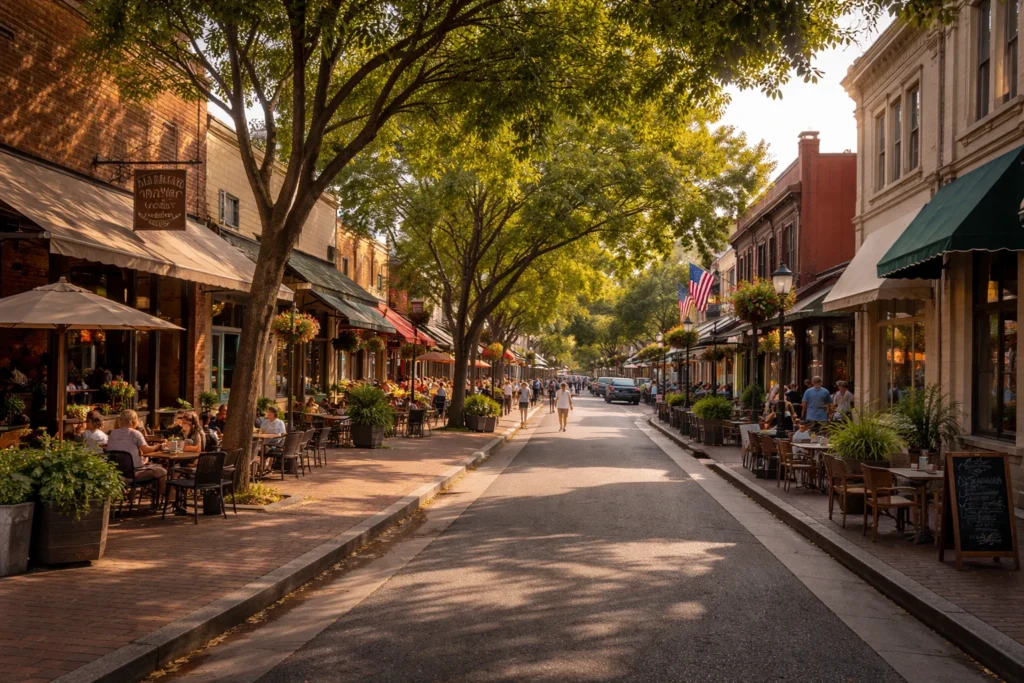 Tree-lined streets and shops in downtown Napa, California