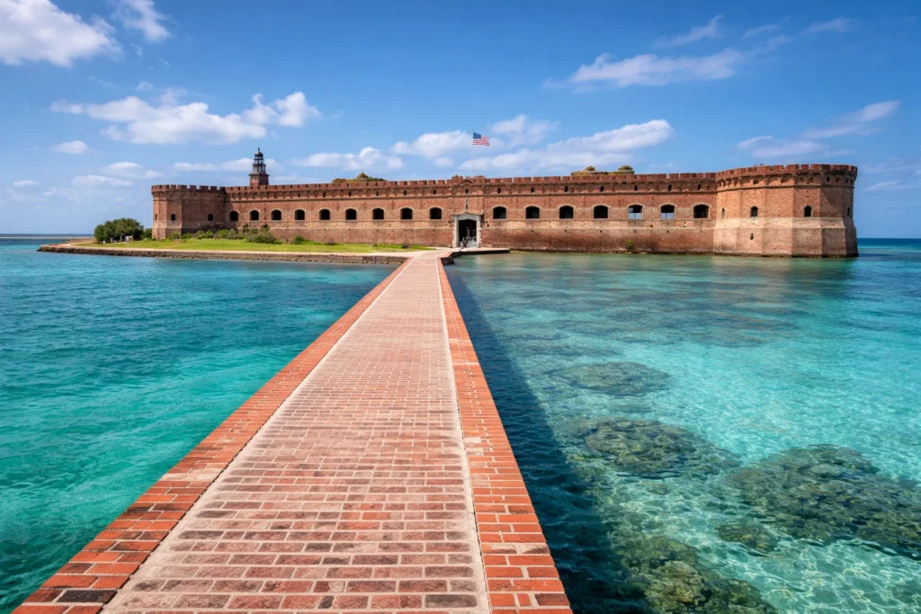 Dry Tortugas National Park in Florida Keys featuring Fort Jefferson surrounded by clear turquoise ocean waters
