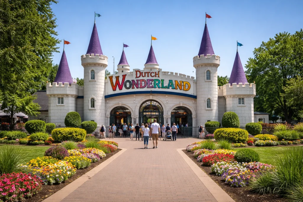 Dutch Wonderland amusement park entrance in Lancaster Pennsylvania with castle-themed gateway