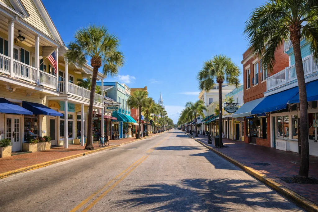 Duval Street in Old Town Key West Florida with colorful historic buildings palm trees and storefronts