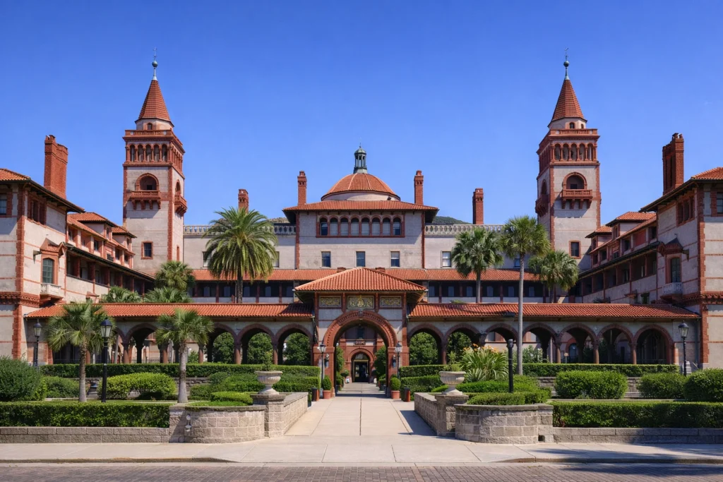 Flagler College in St. Augustine Florida featuring historic Spanish Renaissance architecture and palm-lined grounds
