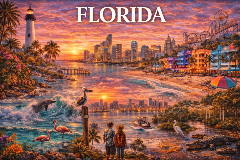 Florida travel guide image featuring Miami skyline, sandy beaches, coastal lighthouses, Everglades wetlands, dolphins, flamingos, palm trees, and vibrant sunset scenery.