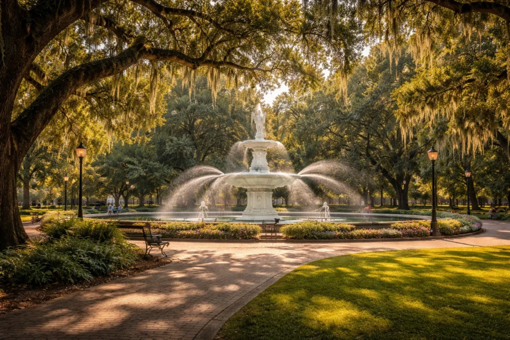 Forsyth Park fountain in Savannah surrounded by oak trees and Spanish moss
