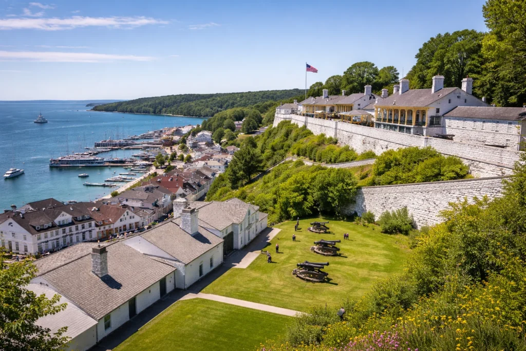 Top 5 places to visit in Mackinac Island – Fort Mackinac overlooking downtown and harbor