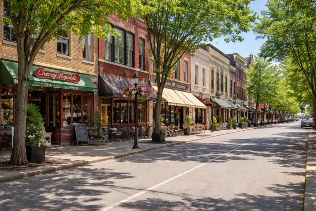 Front Street in downtown Traverse City Michigan with local shops cafes and walkable street