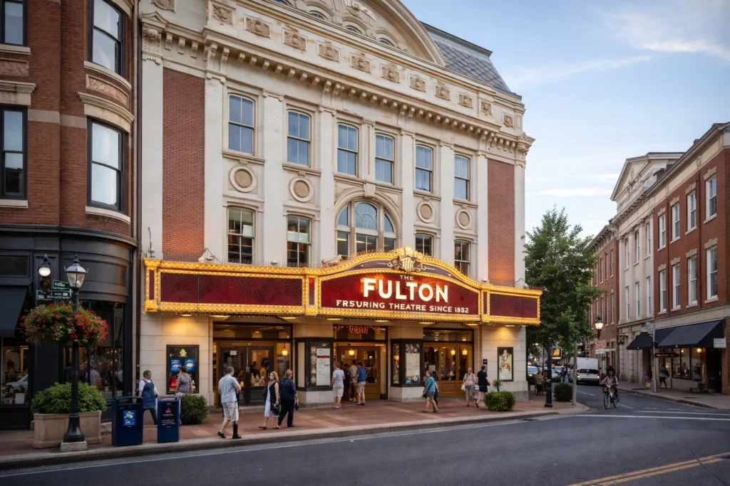 Fulton Theatre exterior in downtown Lancaster Pennsylvania showcasing historic architecture