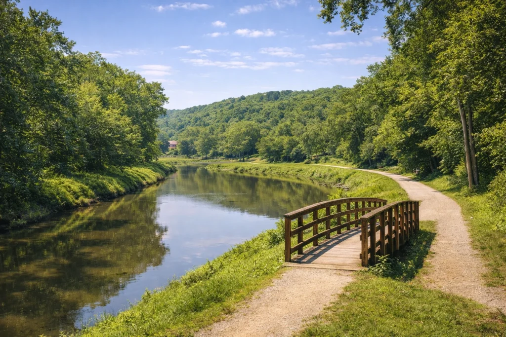 Galena River Trail in Galena Illinois with river views tree lined path and rolling hills