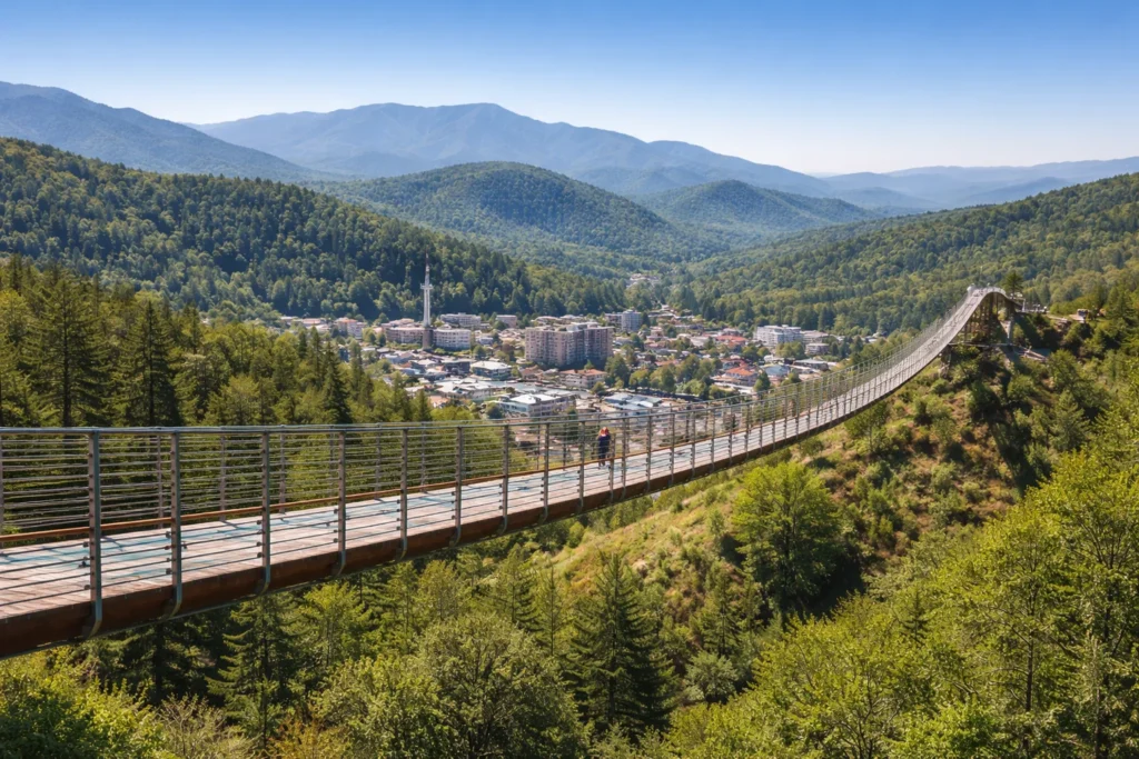 Top 5 places to visit in Gatlinburg – Gatlinburg SkyBridge and SkyPark overlooking downtown and the Smoky Mountains