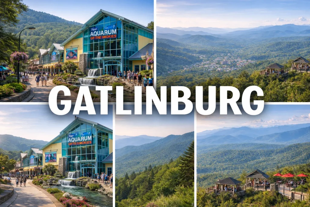 Top 5 places to visit in Gatlinburg featuring Smoky Mountains, Sky Bridge, Anakeesta, and downtown views