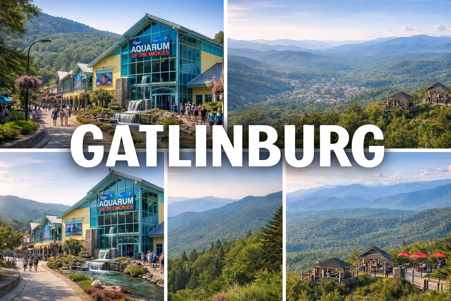 Top 5 places to visit in Gatlinburg featuring Smoky Mountains, Sky Bridge, Anakeesta, and downtown views