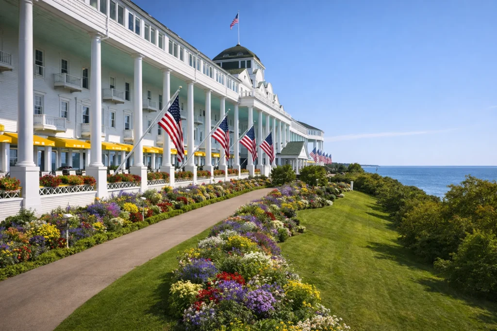 Top 5 places to visit in Mackinac Island – Grand Hotel exterior porch overlooking Lake Huron