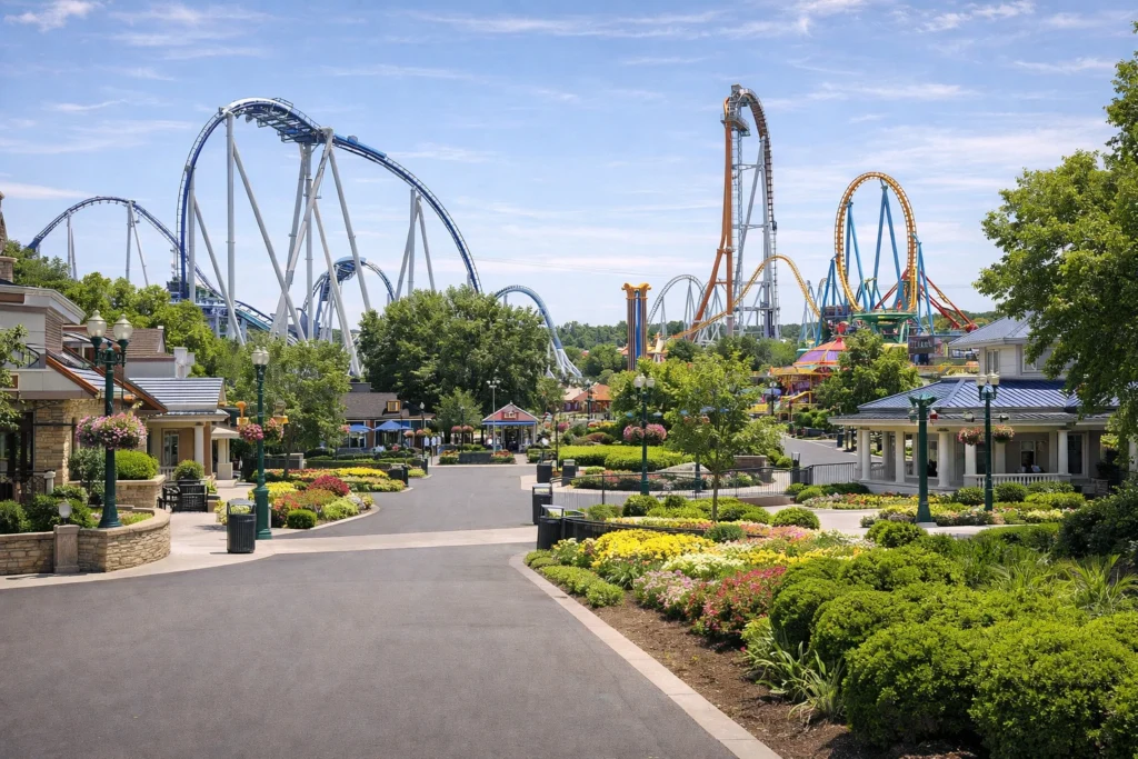 Hersheypark main entrance with roller coasters in Hershey Pennsylvania