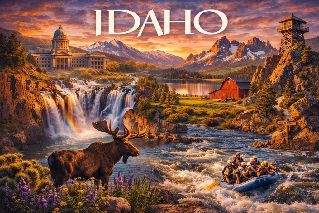 Idaho travel guide image featuring Shoshone Falls, Sawtooth Mountains, Boise Capitol, alpine lakes, rafting rivers, wildlife, and scenic wilderness landscapes at sunset.