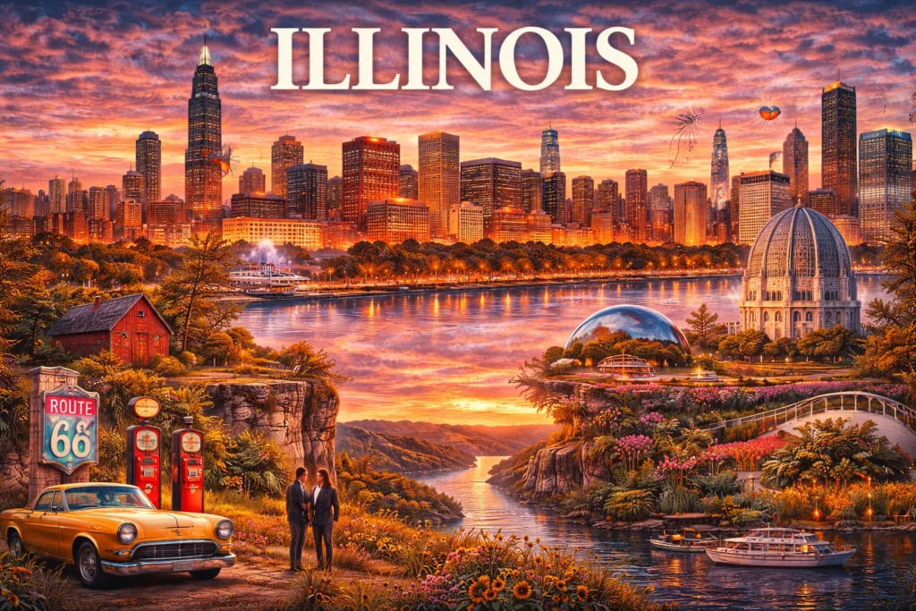 Illinois travel guide image featuring Chicago skyline at sunset, Navy Pier fireworks, Route 66 roadside stop, Mississippi River views, the Bean at Millennium Park, and scenic Midwest landscapes.