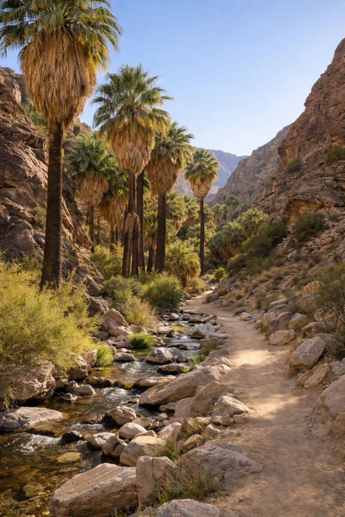 Walking trail through Indian Canyons in Palm Springs with tall palm trees, desert canyon walls, and a seasonal stream