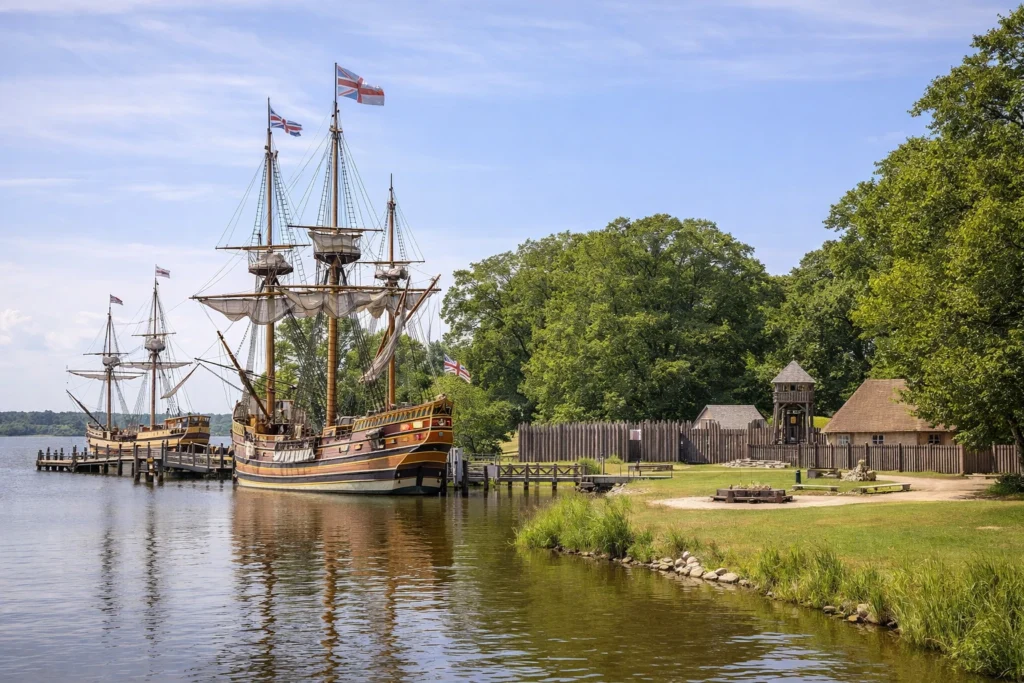Jamestown Settlement with recreated 17th century ships and fort near Williamsburg Virginia